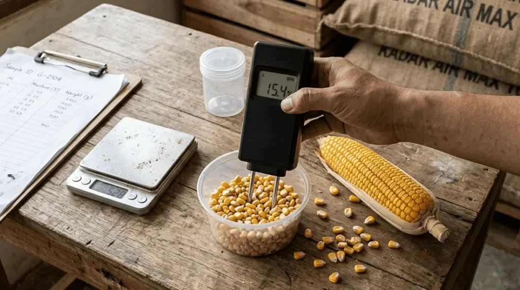 Close-up of moist corn kernels in a wooden crate with a moisture meter, highlighting corn quality and selling price.