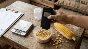 Close-up of moist corn kernels in a wooden crate with a moisture meter, highlighting corn quality and selling price.