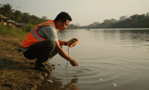 Environmental analyst testing water samples from the Cisadane River to analyze pesticide contamination.